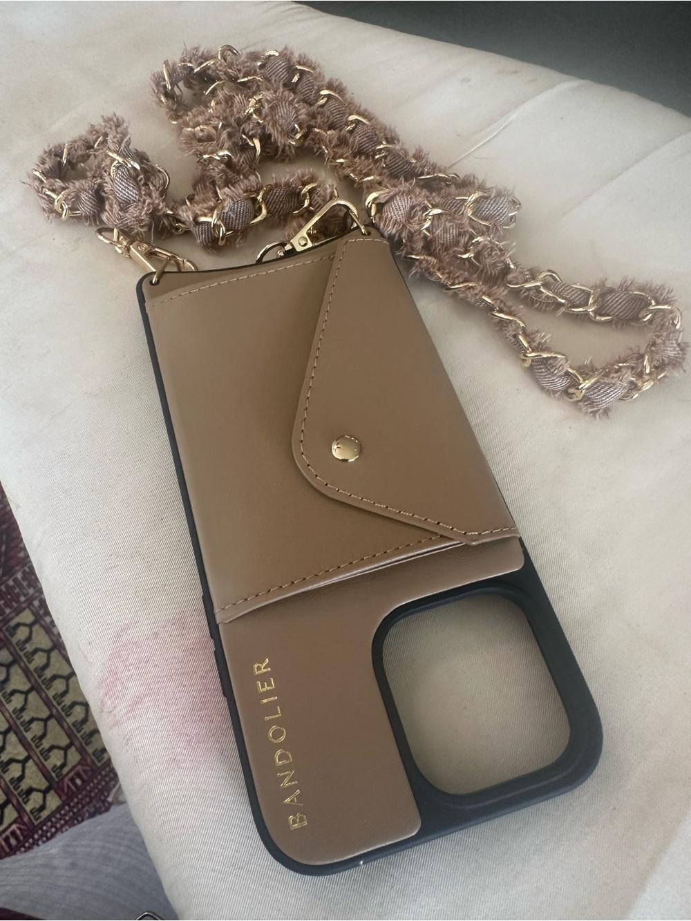 Bandolier Tan Leather Crossbody Phone Case with Gold Chain